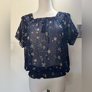 NWOT Mossimo Sheer Navy Floral Square-Neck Blouse with elastic band Size L
